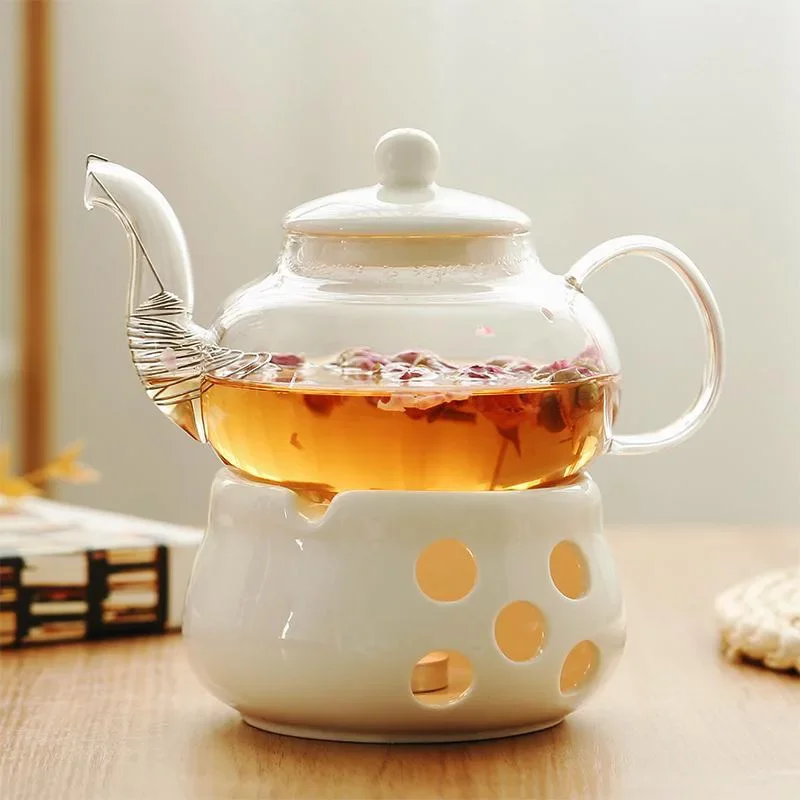 Ceramic flower teapot  tea set transparent glass  fruit teapot heat-resistant candle heating set