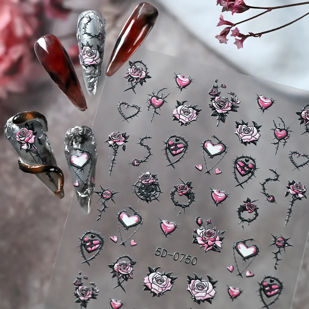 1pcy2k Cool Black Chain Thorn Rose Nail Stickers Gothic Heart Nail Decals Self-Adhesive Manicure Decors Halloween Nails Supplies