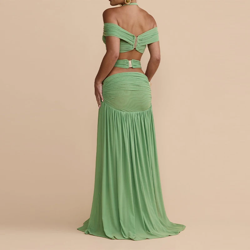 Conjunto Elegante de Duas Peças com Lantejoulas Florais para Mulheres: Top Cropped de Um Ombro + Minissaia de Cintura Alta com Recortes – Conjunto Coordenado para Festa e Férias