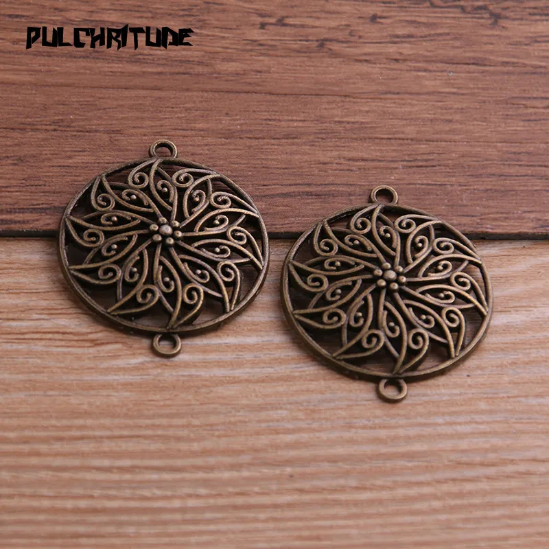 PULCHRITUDE 8pcs 29*35mm Two Color Zinc Alloy Vintage Round Flower Connectors Pendants Jewelry Making DIY Handmade Craft