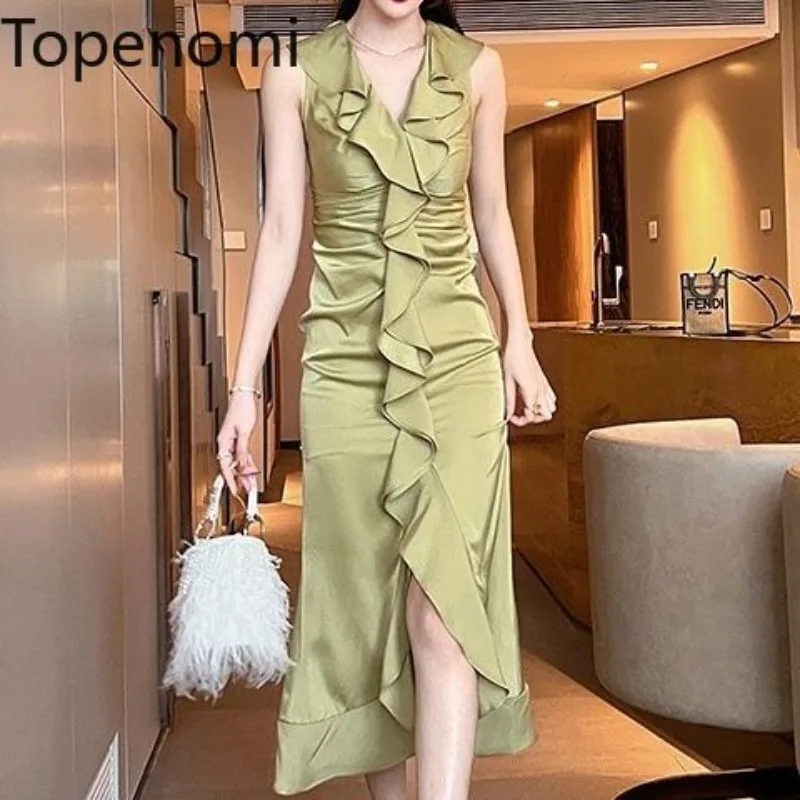 

Topenomi Summer Sleeveless Ruffled Irregular Evening Dress Women Sexy Slim Waist Folds Night Prom Party Vestidos Elegant Dresses