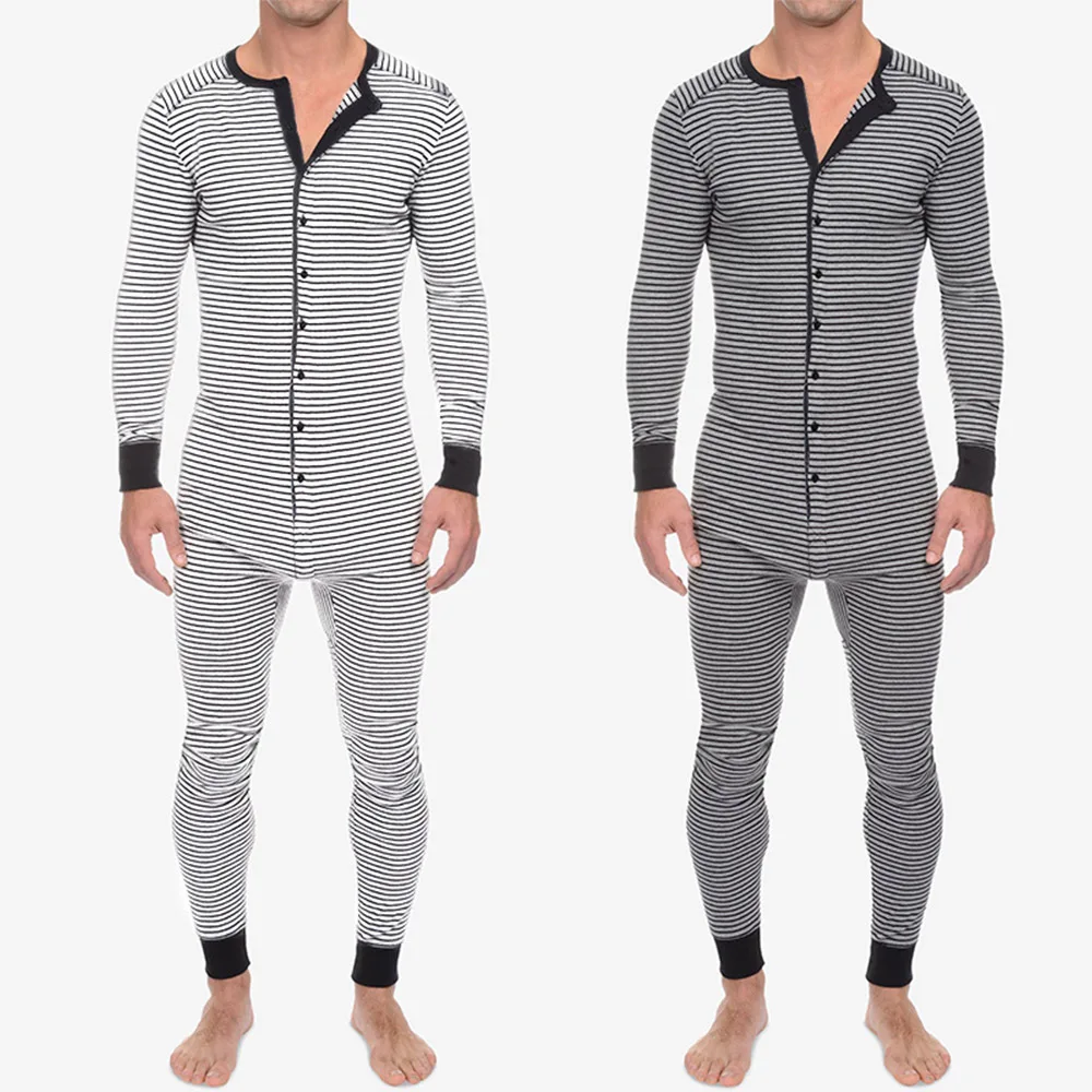 Bodysuits Mens Jumpsuits Cotton Blend Long Pants Long Sleeve Nightwear Pajamas Plus Size Romper Playsuit S-4XL