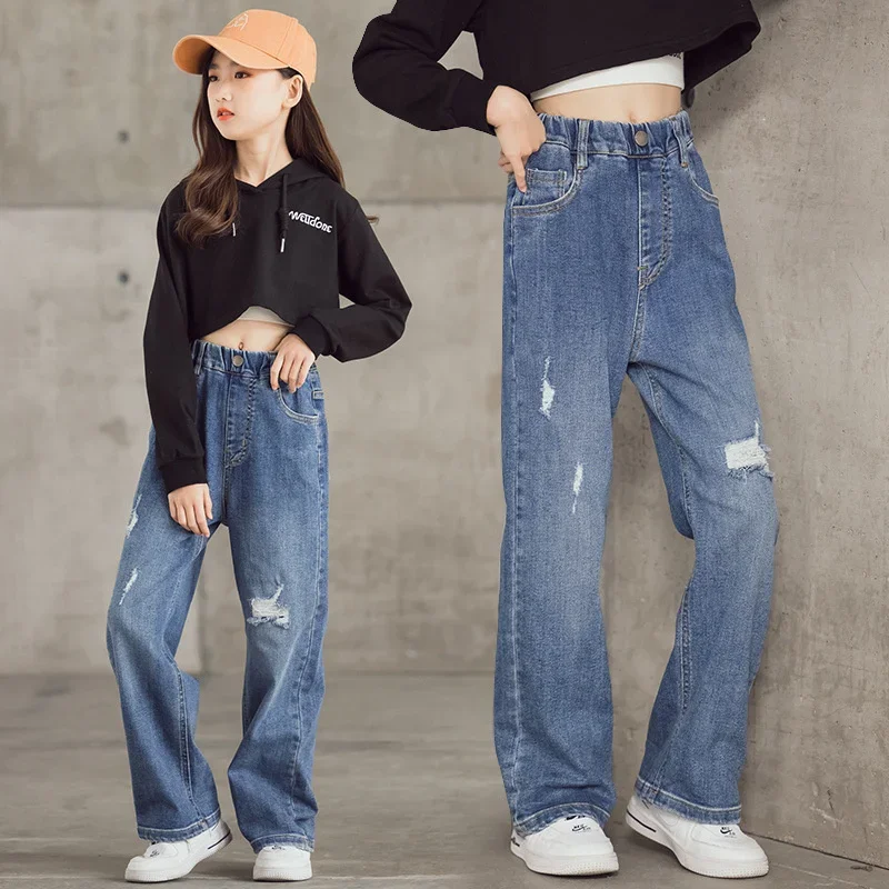 

Teenage Fashion Jeans Wide Leg Pants Children Loose Comfortable Blue Pant Baby Girls Casual Style Trousers 2024 Spring Summer