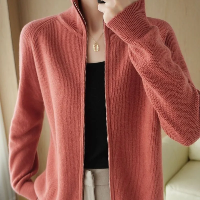 Solid Color Zipper Jacket Autumn New Knitted Sweater Cardigan Women\'s Standing High Neck Loose Slimming Knitted Sweater Spring