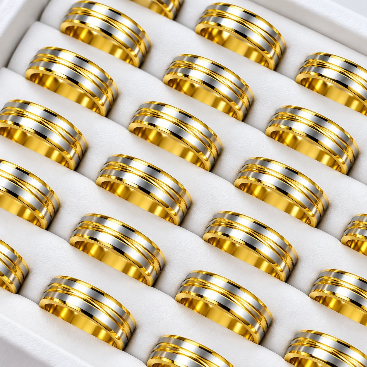 20Pcs Stainless Steel Rings Two Tone Gold Silver Brushed Stripe Band Unisex Men Women Wedding Couple Jewelry Wholesale Bulk 4082
