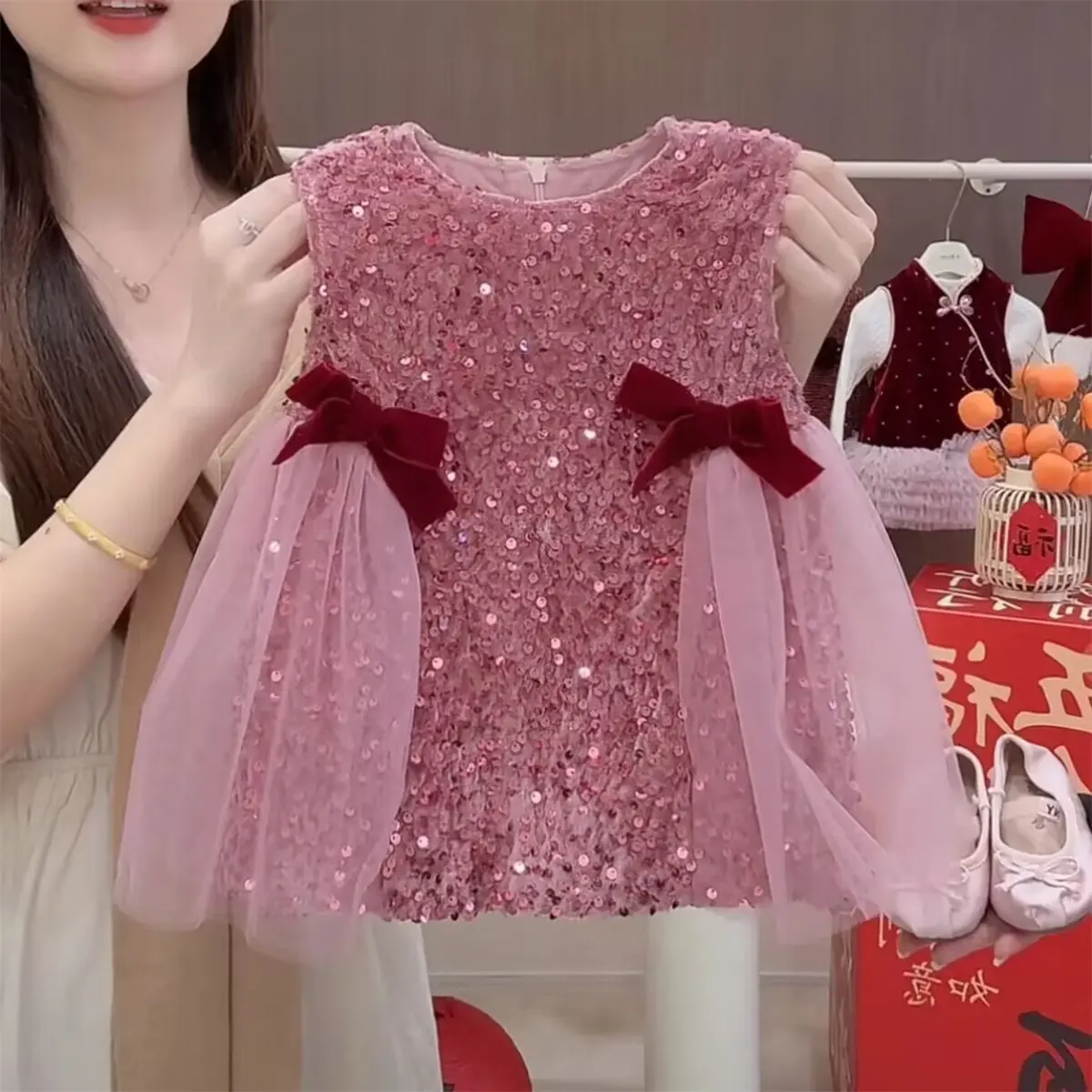Winter New Arrival Girls' Dress with Fleece Lining, Mesh Sequin, and Birthday Party Dress for Sweet Princess Outfits