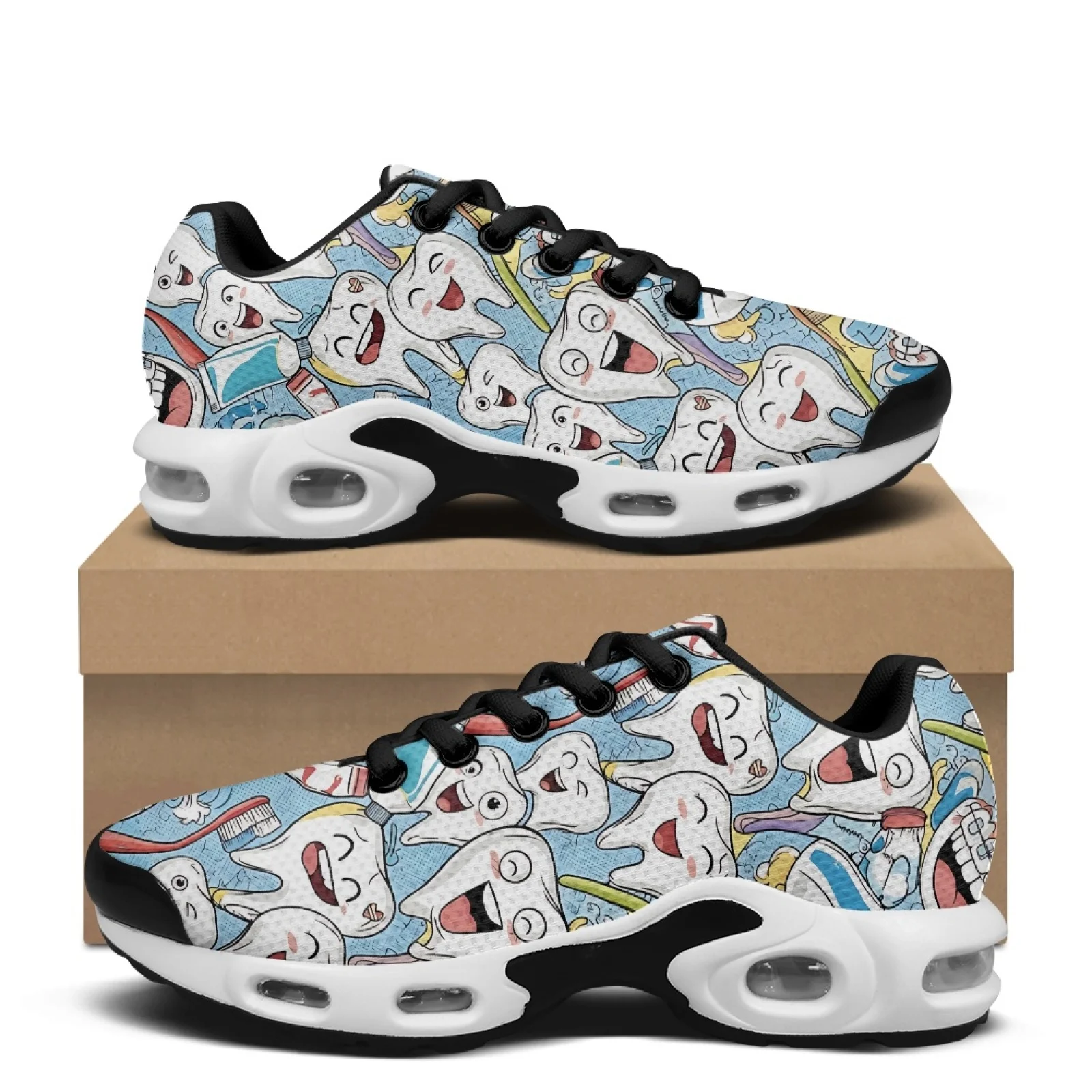 PENSTROLL Happy Cartoon Teeth Print Mens Air Cushion Running Shoes, Mesh Lace up Sneakers for Gym Training and Daily Sports