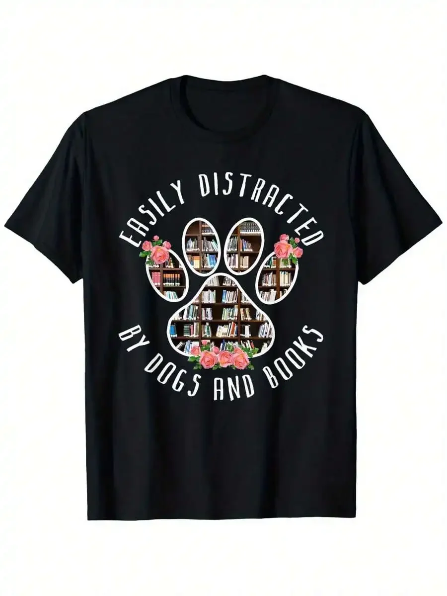 Easily Distracted By Dogs And Books - Animal Book Lover Gift T-Shirt, Loose Style New Unisex Short-Sleeved T-Shirt, Casual And C