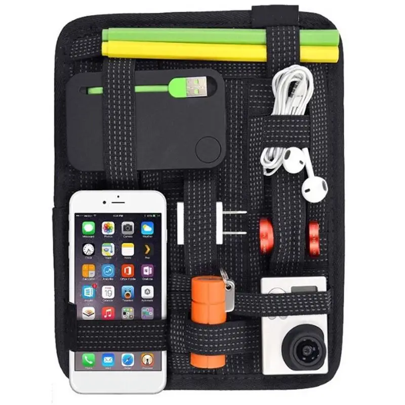 ~Portable Elastic Band Organizer Board - With Zipper Pocket & Multiple Stretch Straps Hanging Travel Insert For Cables/Cosmetics