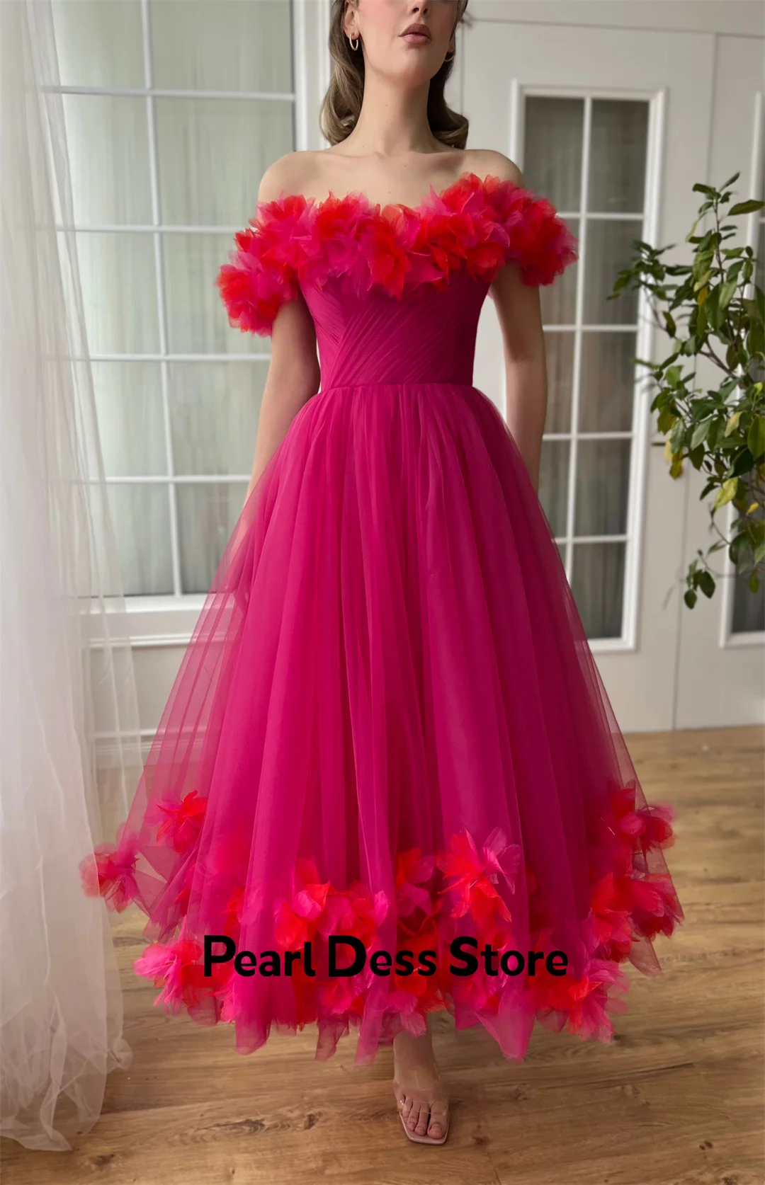 2024 New Cherry Hibiscus Mid length Dress Handmade Flower sheer Evening Dress Ball Party