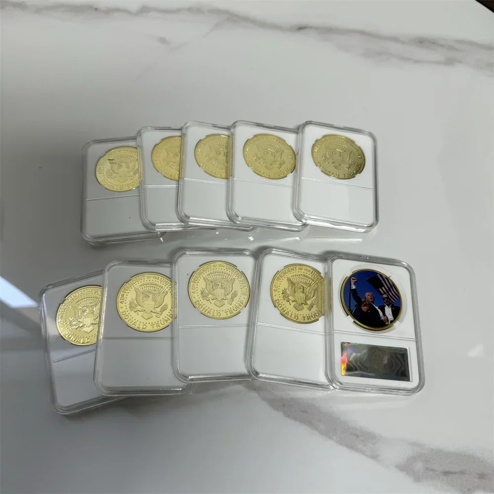 

10pcs Donald Trumb Just Fighting 2024 Gold Plated Coins Includes anti-counter Silver commemorative Coin badge in case