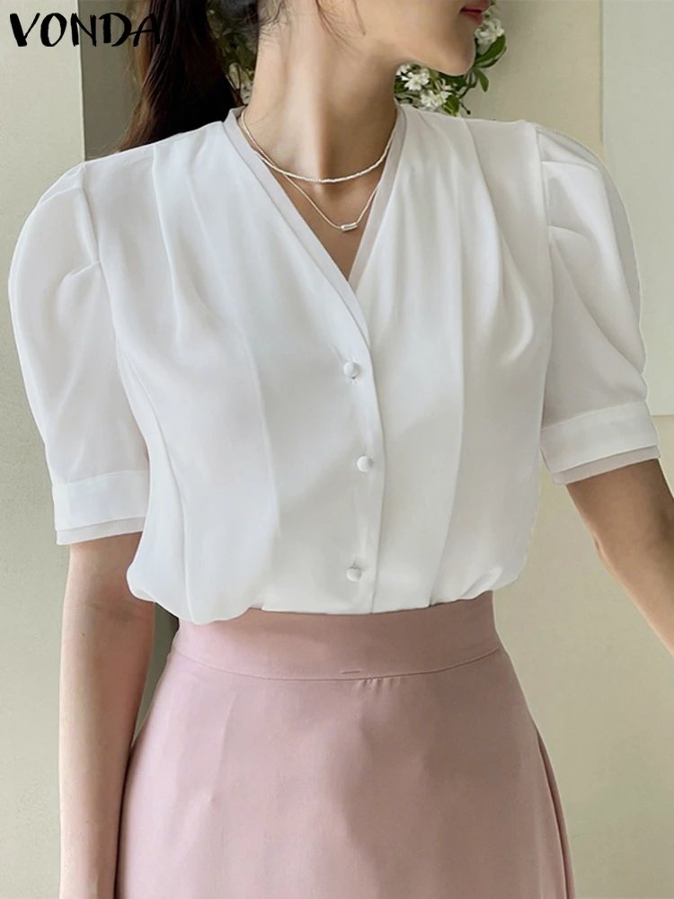Camisas elegantes 2025 VONDA, Tops de manga corta para mujer, Túnica holgada informal con cuello en V, Blusas de trabajo de oficina con botones, Tops de Color sólido