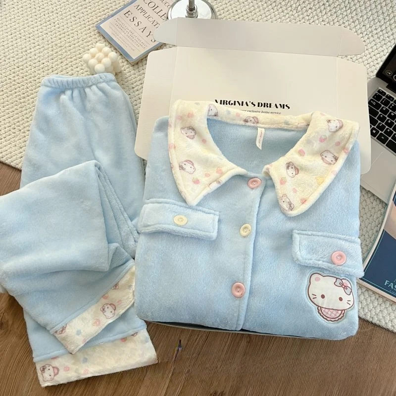 Hello Kitty pyjama meisjes herfst en winter koraal fluweel verdikte warme lange mouwen schattige cartoon pop kraag huiskledingset