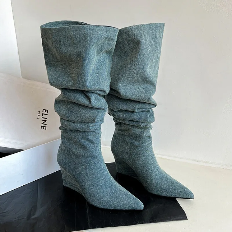 

2024 Black Denim Long Boots Pleated Pile Up Boots 7cm Slope Heel New Spring Knee Length Boots 34-42 Street Retro Women's Shoes