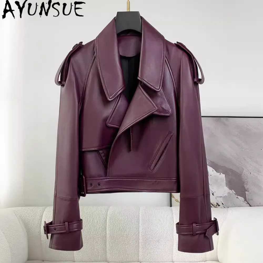 AYUNSUE Sheepskin จริงหนังแจ็คเก็ตเสื้อผ้าผู้หญิง 2025 รถจักรยานยนต์แจ็คเก็ตหลวม Fit ฤดูใบไม้ผลิฤดูใบไม้ร่วงสตรีเสื้อ Jaqueta De Couro