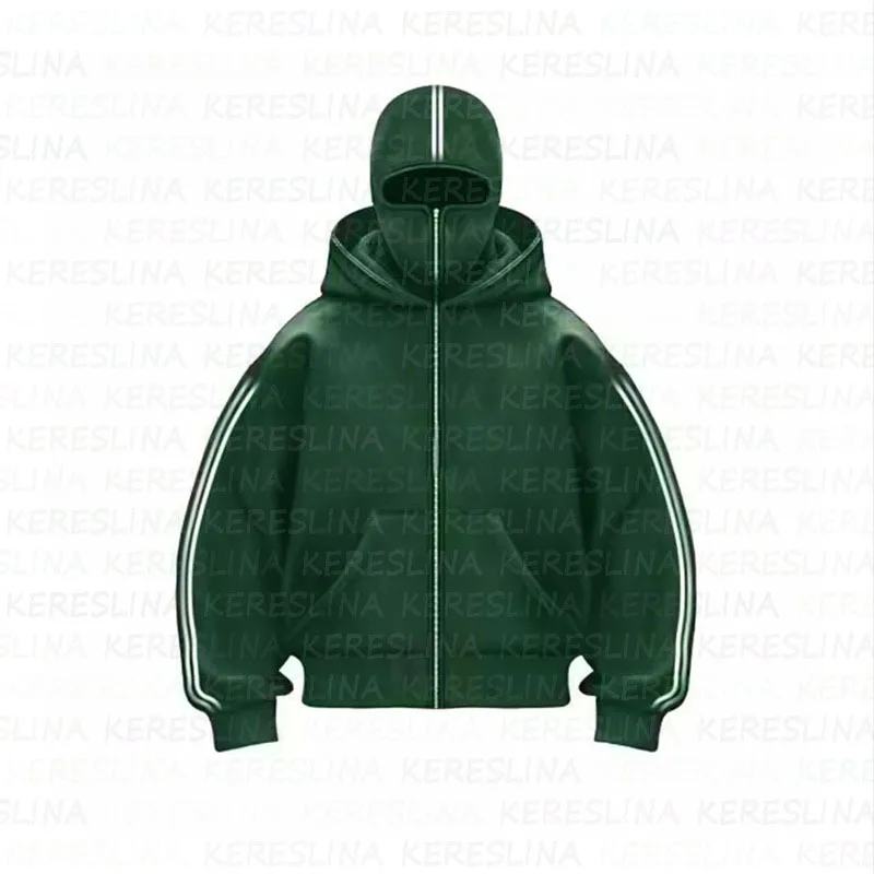 Tendência design duplo chapéu solto zíper hoodie personalizado na moda outono inverno cardigan gótico impresso listras casaco masculino feminino