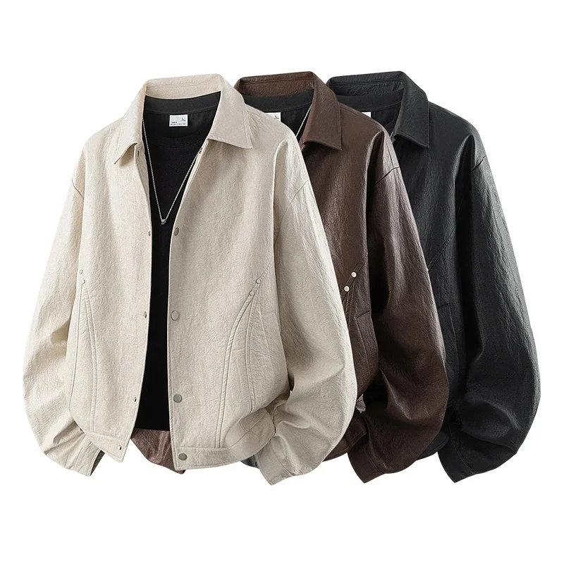 Men's Faux Leather Jacket 2026 Fall Winter Trendy Lapel PU Leather Coat Loose Casual High‑grade Texture Outerwear moto jacket
