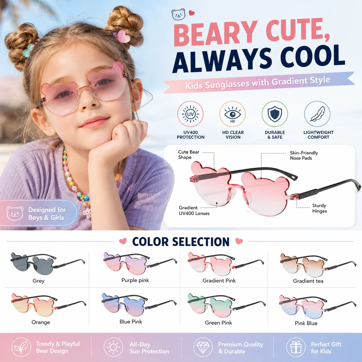 Kids Sunglasses Uv400 Cartoon Bear Shape Children Sun Glasses Trendy Boys Girls Outdoor Beach Playground Accessories