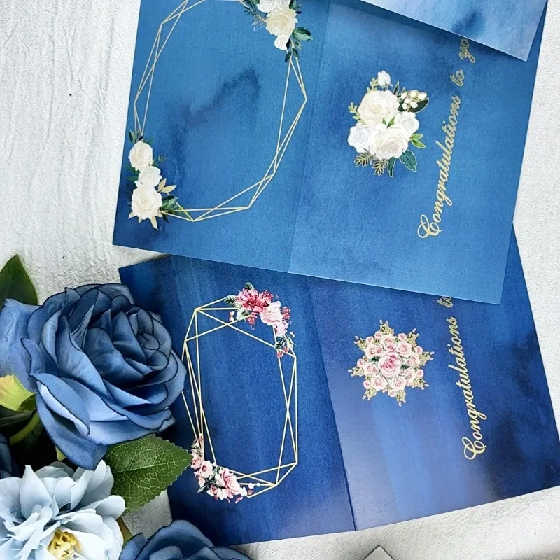 Blue Series Greeting Card Creative Simple and Elegant Flower Festival Congratulation Card Set Holiday Gift Decorative Card