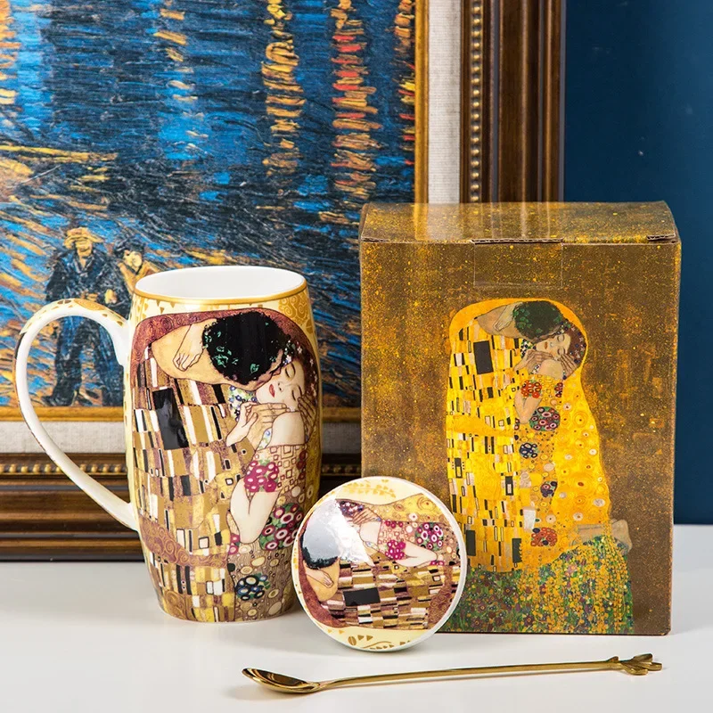 Klimt Large  Mug Oil Painting Kiss Ceramic Coffee Cup Bone China Creative Breakfast Cups with Lid Spoon Personalized Gift Box