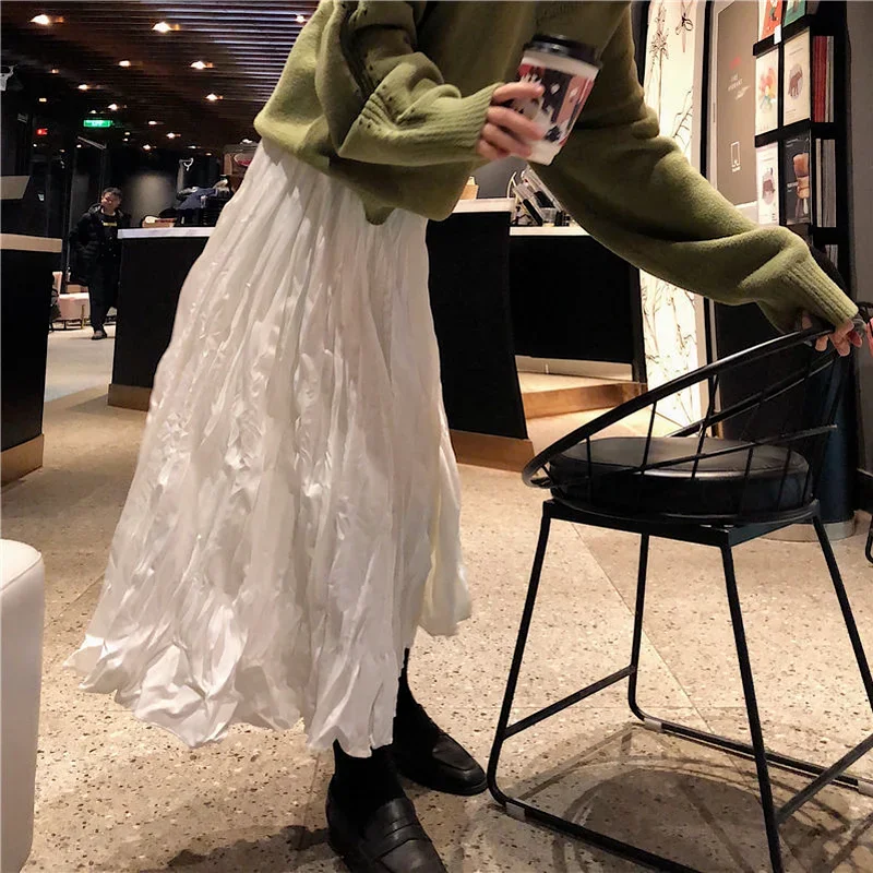 Pleated Skirts Women Mid-calf High Waist Solid Fashion Spring Autumn All-match Leisure Loose Feminine Clothing Ulzzang Prevalent