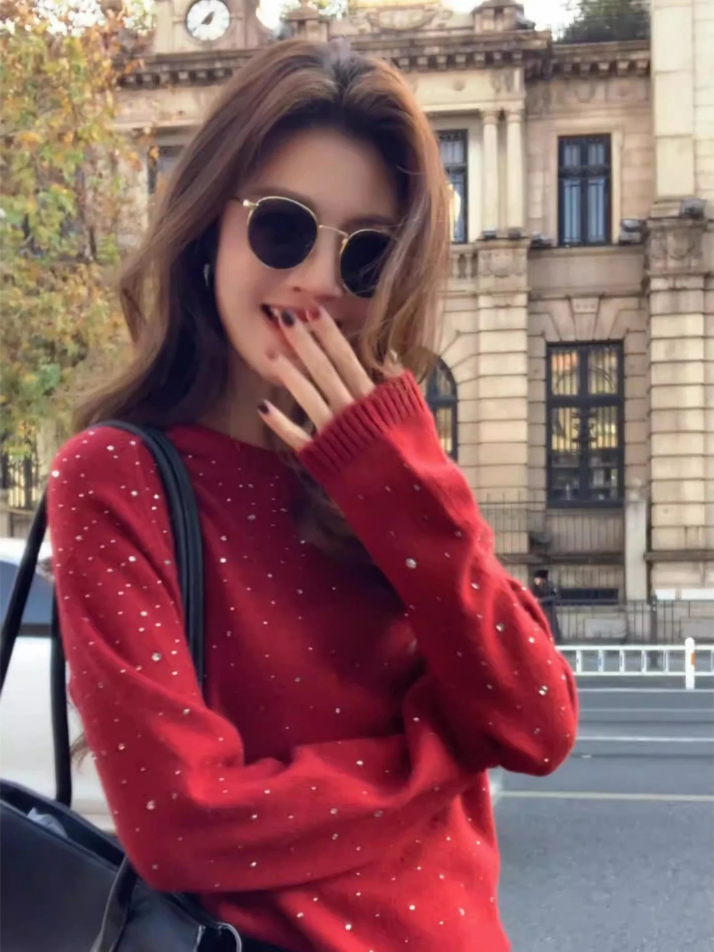 

Red Sequin Knitted Base irt Women's Inner Wear Autumn Winter Thi Unique Beautiful Can Be Worn outside Korean Sle Loose Fit