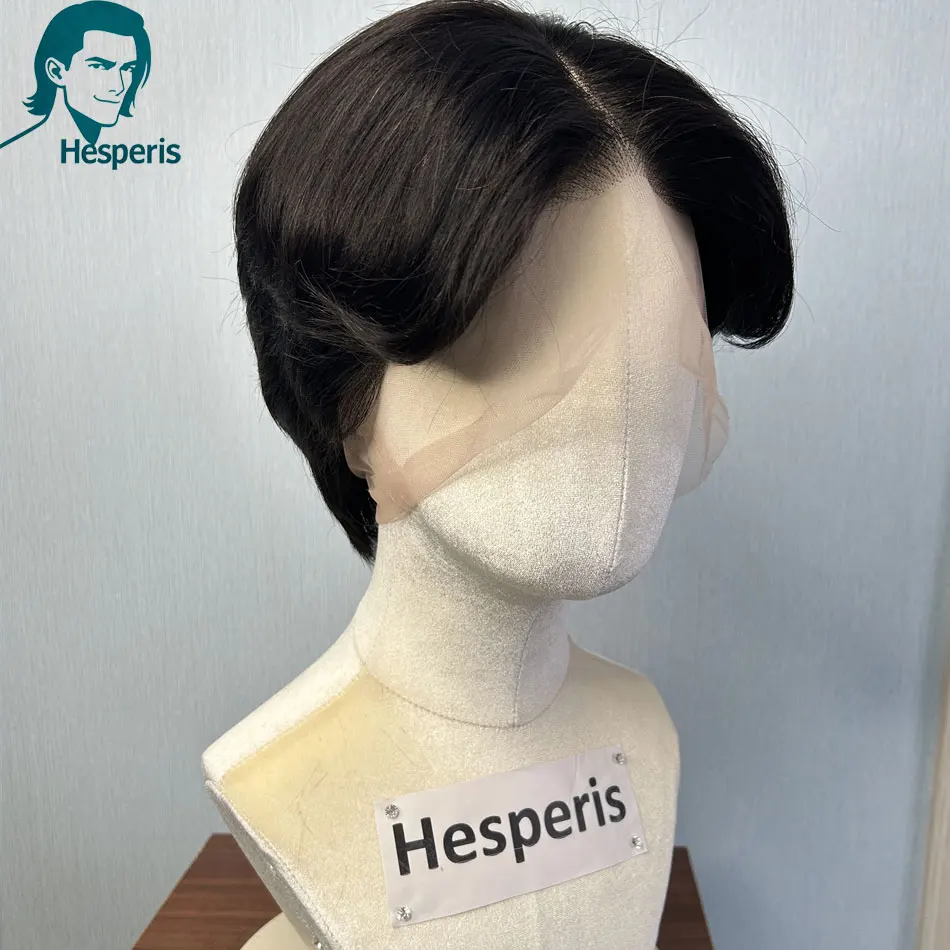 Hesperis 13x6 Lace Front Natural Black Men's Short Cut Wigs Glueless Remy Daily Wear Human Hair Wigs For Male Middle Part Wigs
