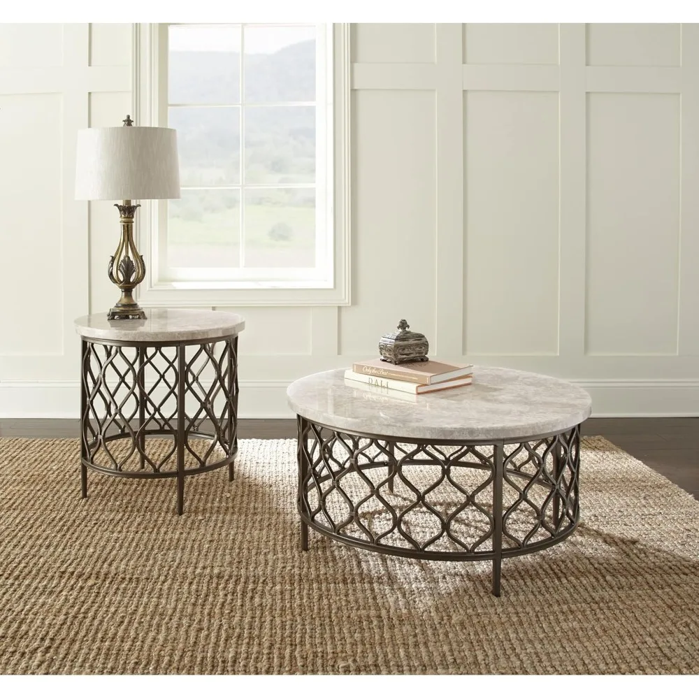 Roland White MarbleTop Cocktail Table Round Stone Bronze Metal Base Frame Coffee Modern Living Room