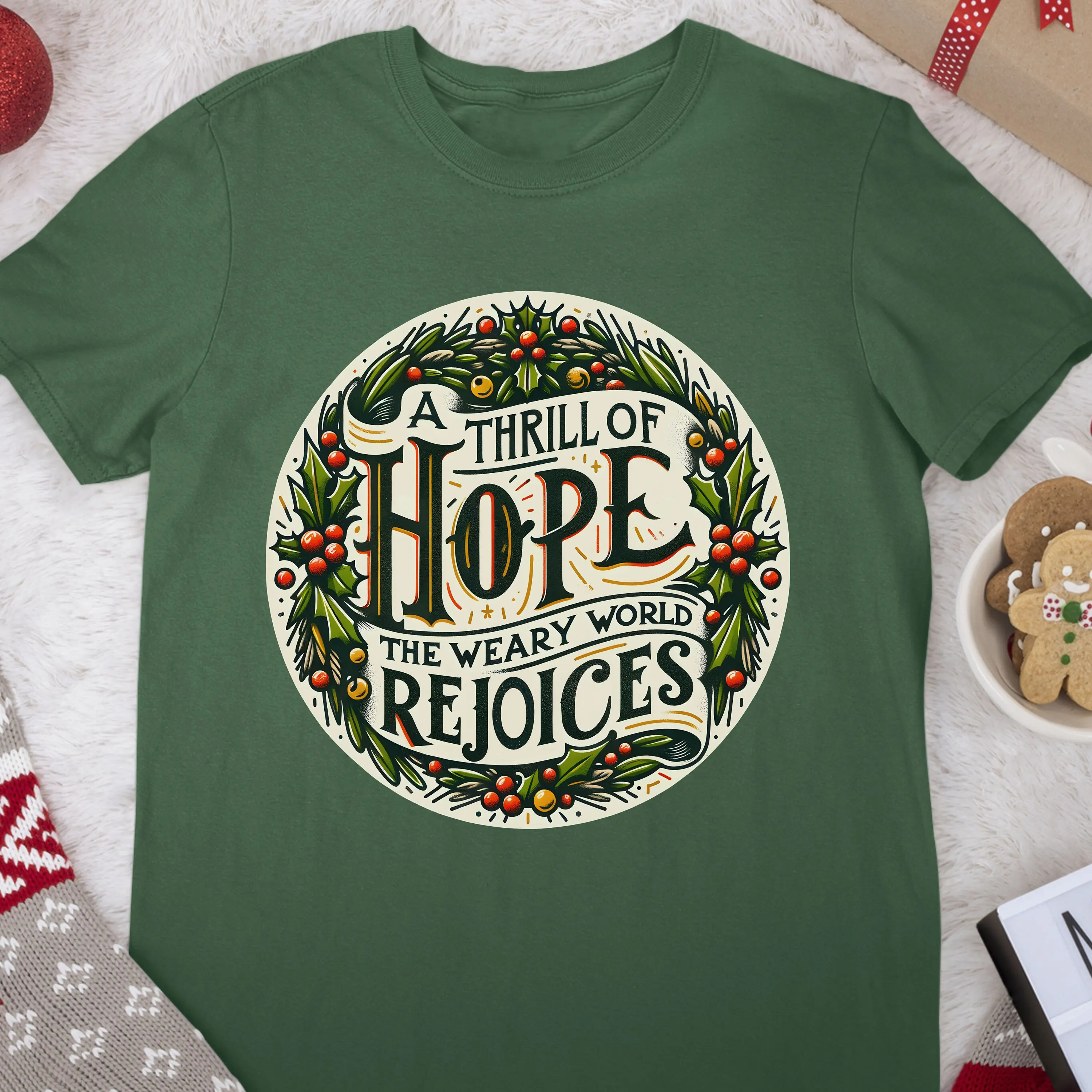 A thrill of hope the weary world rejoices Christmas wreath quote design Christian rejoice gift idea T shirt