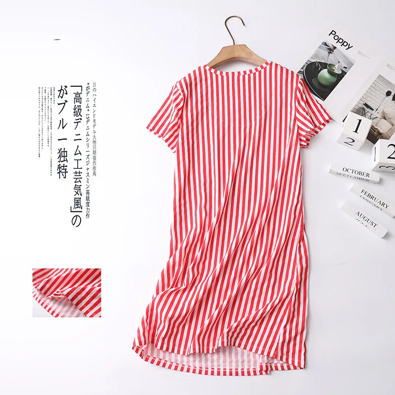 2024 Summer Women Casual Striped Night Dress Ladies soft Cotton Nightgown Women\'s Short Sleeve Round Collar Sleepshirt Plus Size