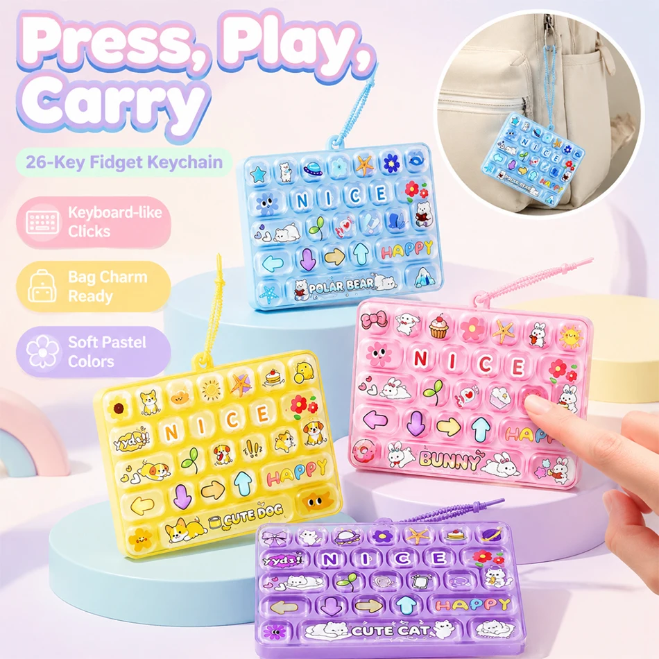 Candy Color 26 Key Fidget Keyboard Keychain Cartoon Animal Stress Relief Keycap Clicker Hand Relax Toy Bag Pendant Party Favor