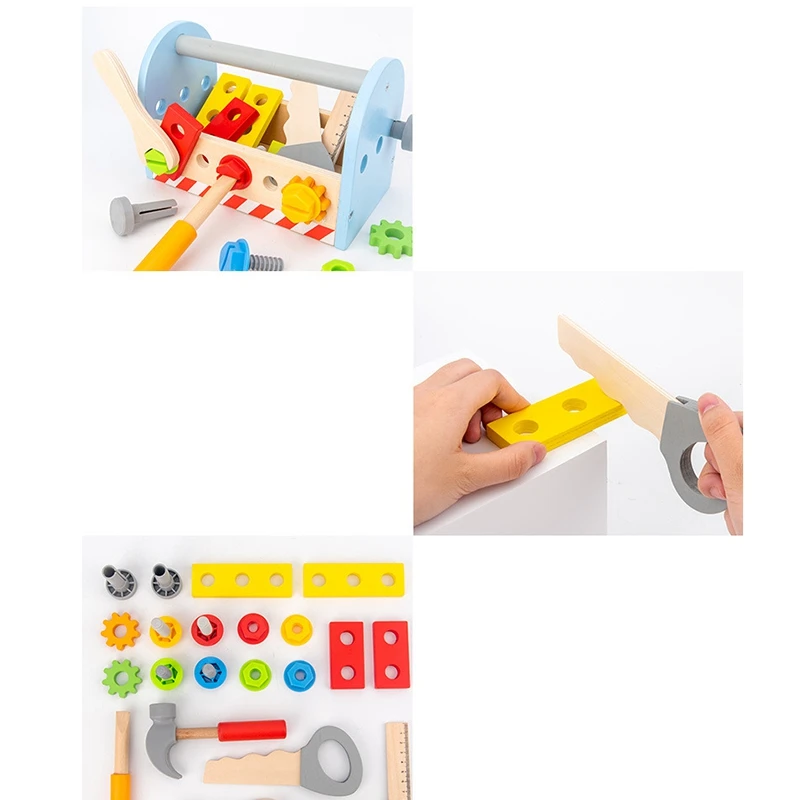 Take-Along Tool Kit Pretend Play Tool Set Gift For Boy Or Girl Kids Educational DIY Wooden Nut Assembly Toys