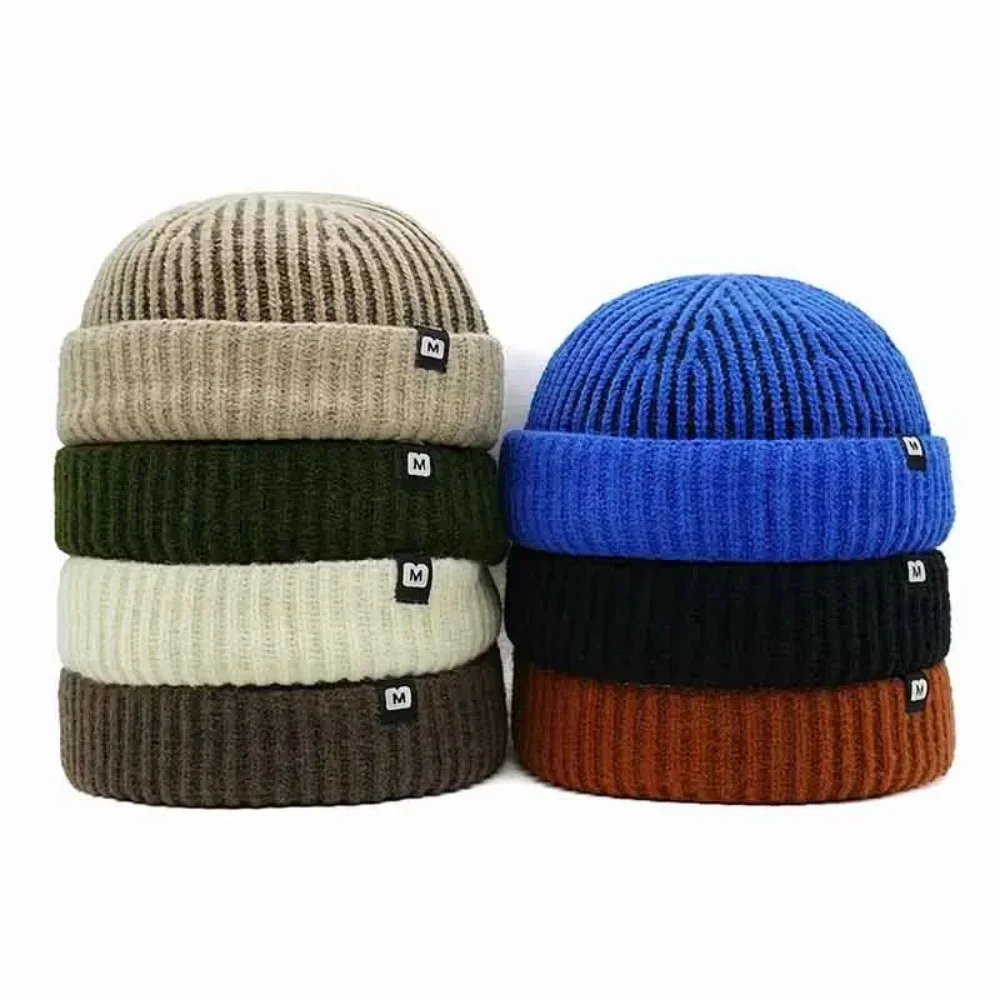 Thick Striped Knitting Docker Cap Warm Winter Beanie Caps With Letter Label Soft Hat Hats For Men Woman Vintage Retro Outdoor