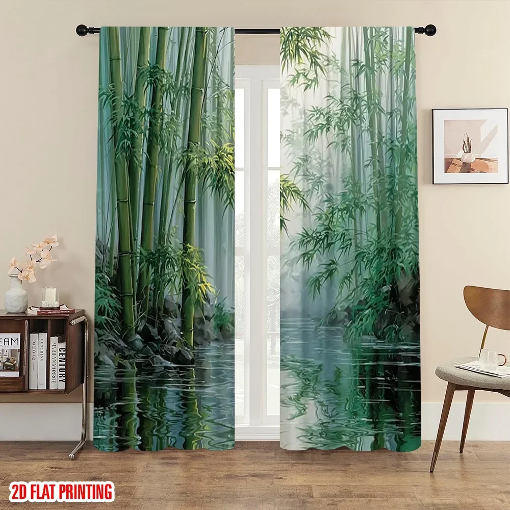 2 Stück Bambus-Wald-Wasser-bedruckte Vorhänge, entworfen für Lichtfilterung, hochwertiges Material, ideal für die Fensterdekoration im Zen-Stil