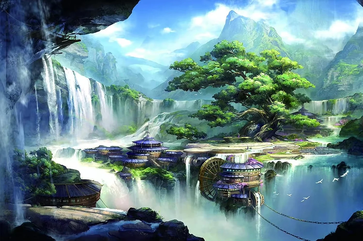 

Oriental Waterfall Ancient Pavilion Pine Tree Jigsaw Puzzle, Clear Lake Traditional Chinese Fantasy Landscape Wall Decor Gift