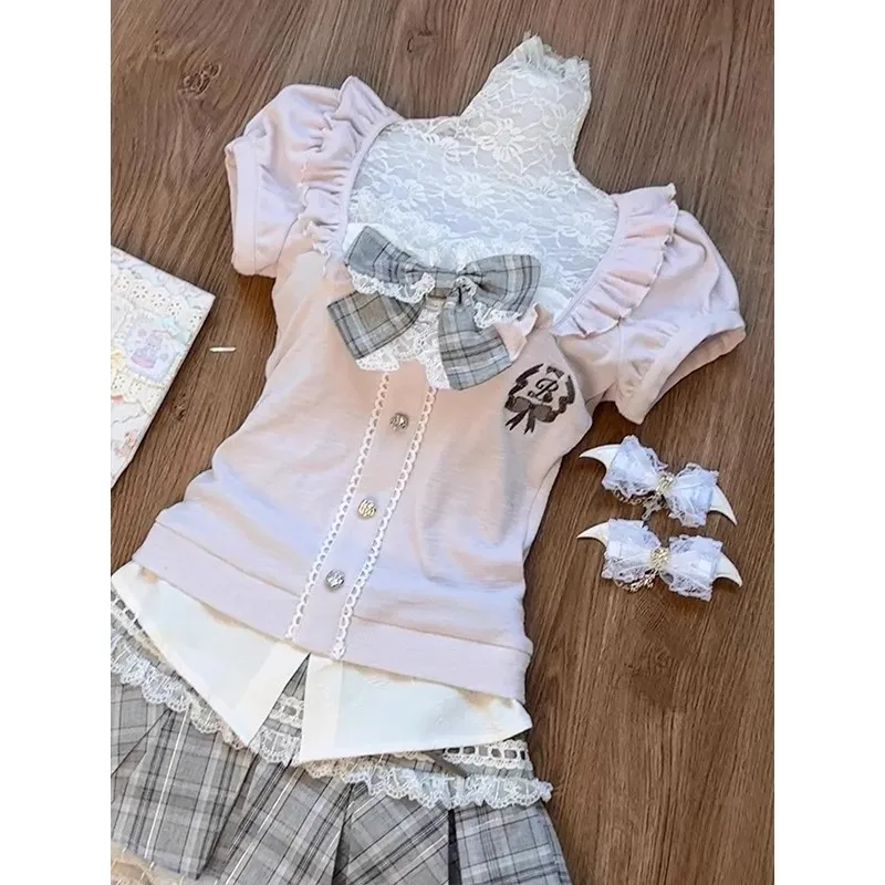 Women's pink lace patchwork top with large bow and puff sleeves, gray plaid high-waisted pleated skirt two-piece set, Lolita style, Japanese sweet girly style, soft girl style, JK style, Harajuku style, princess style, retro cute, age-reducing, slimming, fitted outfit for spring and summer, daily wear, dating, shopping, photo shoots, parties, anime conventions, campus style, two-dimensional girl, school uniform style, fashionable outfit with bow decoration, lace trim, plaid pleated skirt, sweet and cool girl view 6