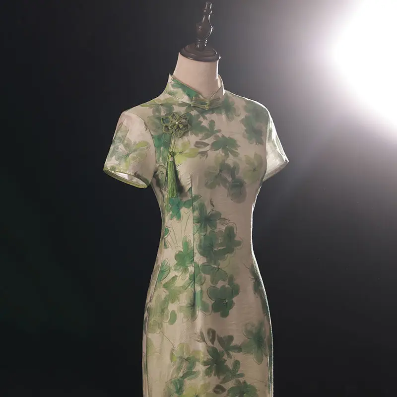 2024 Summer New Short Sleeve Long Cheongsam Chinese Green Fashion Qipao Sweet Eleganti Modern Improve Women Vintage Dress