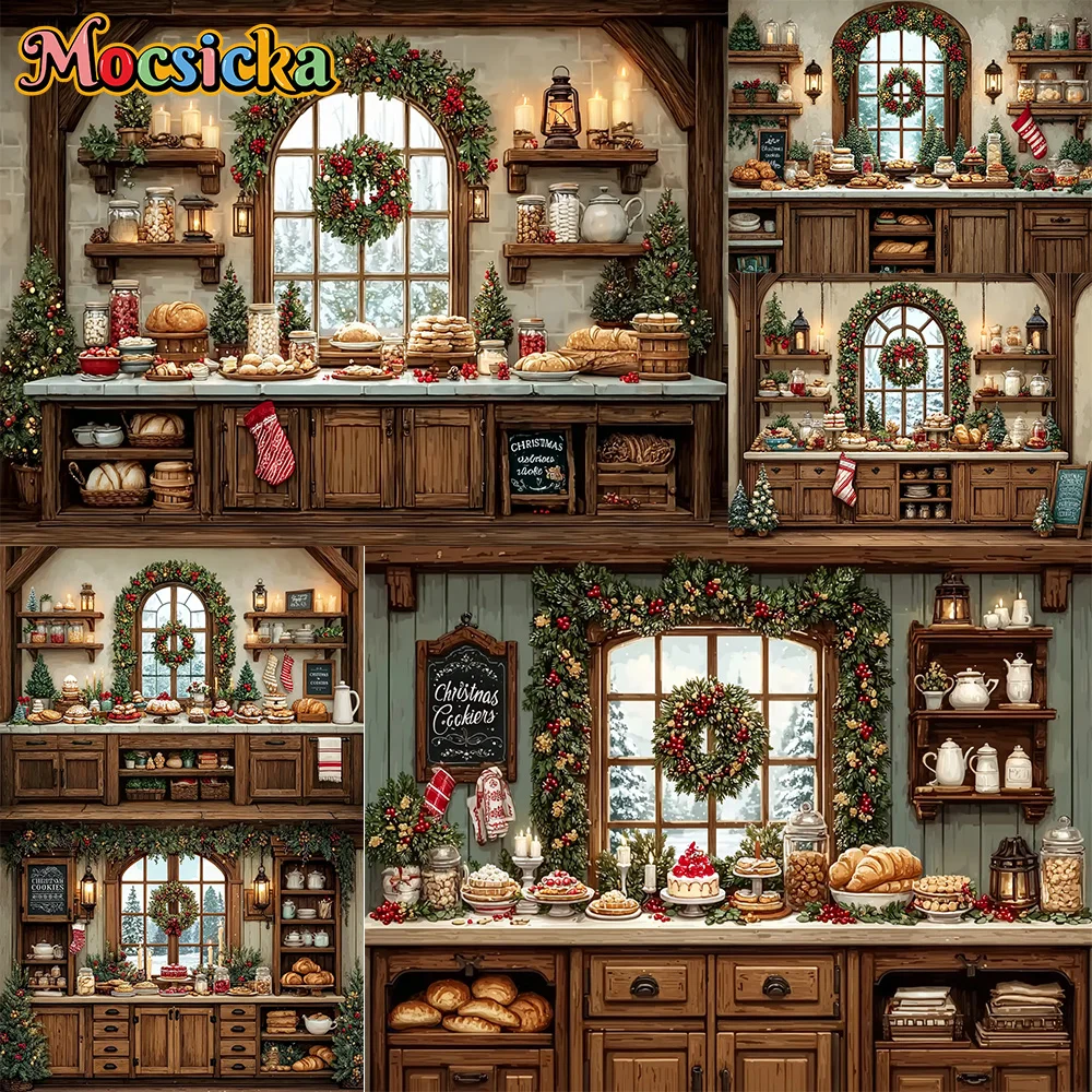 Mocsicka Photography Background Christmas Kitchen Sweet Bread Decoration Family Xmas Holiday Party Portrait Photo Srudio Props