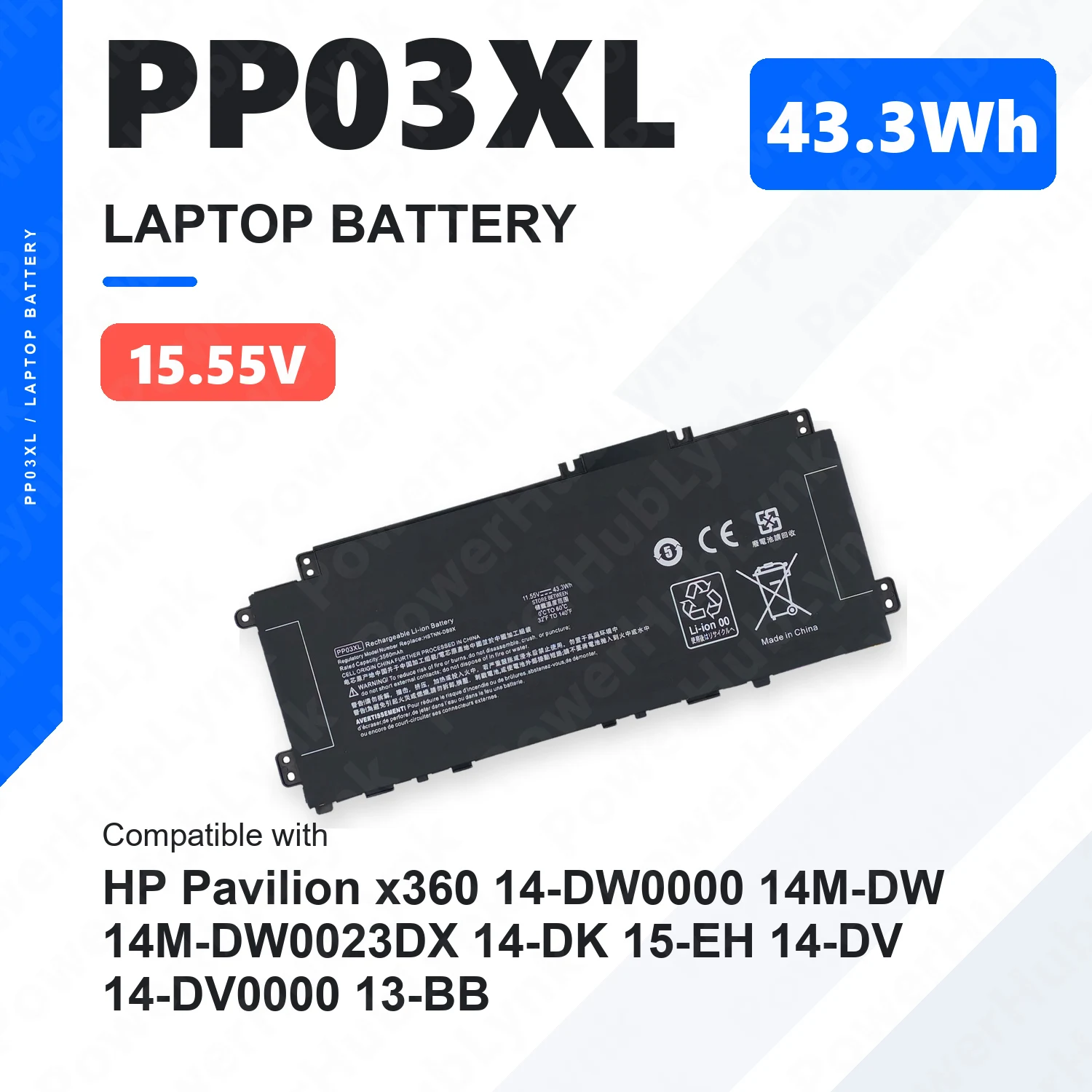 PP03XL 11.55V 43.3Wh Laptop Battery For HP Pavilion x360 13-BB 14-DV 14-DW 14M-DW PV03XL HSTNN-LB8S HSTNN-DB9X HSTNN-OB1P