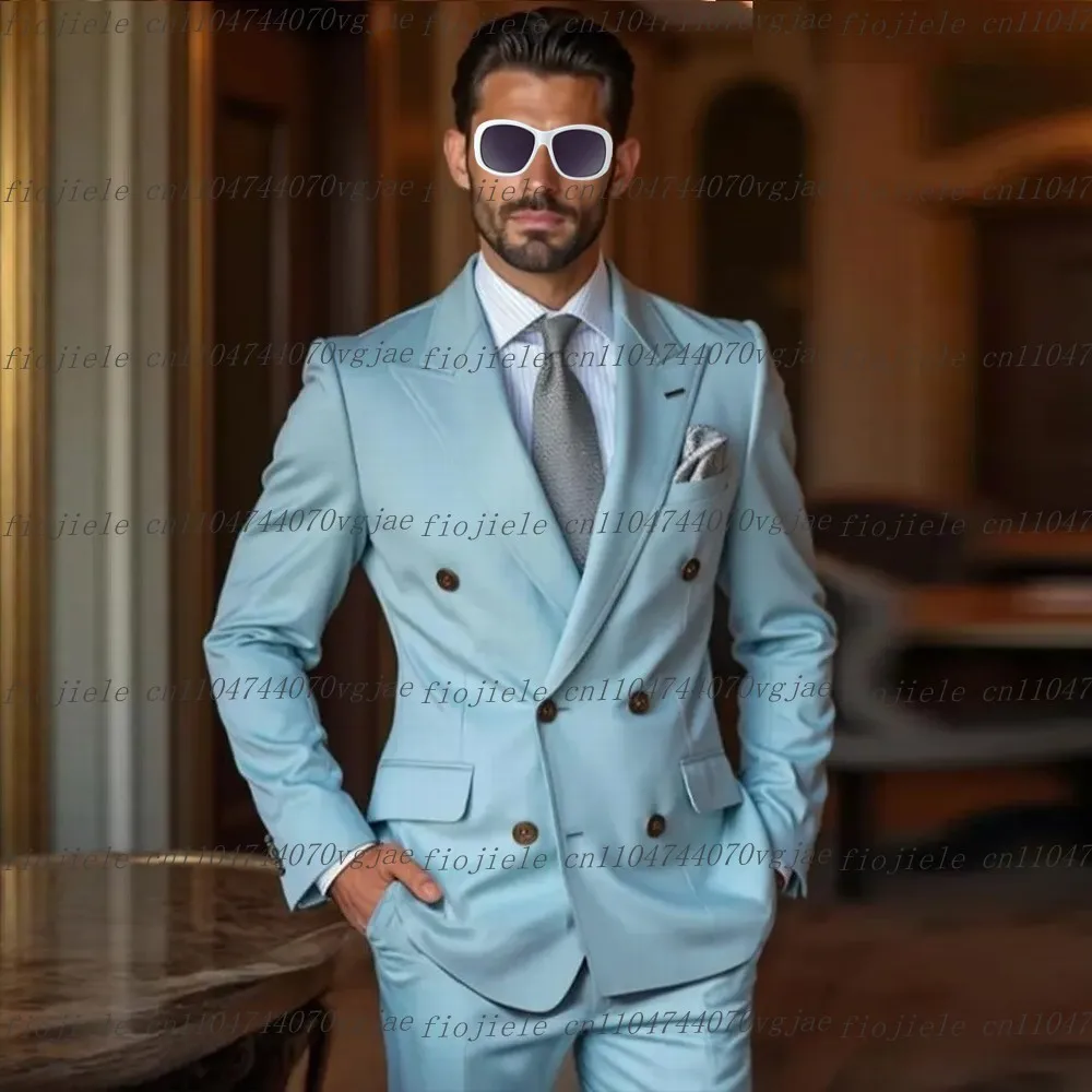

Sky Blue Men Suit Formal Occasion Wedding Party Groom Groomsman Business Prom Male Tuxedos Customized 2 Piece Set Jacket Pants