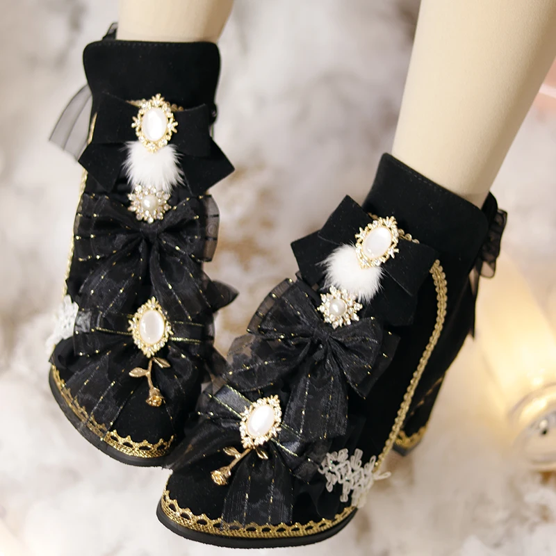 Authentic One Night Story Original Lolita Thick Heel Black Plush Ball Warm Short Boots Lolita Shoes Autumn/winter