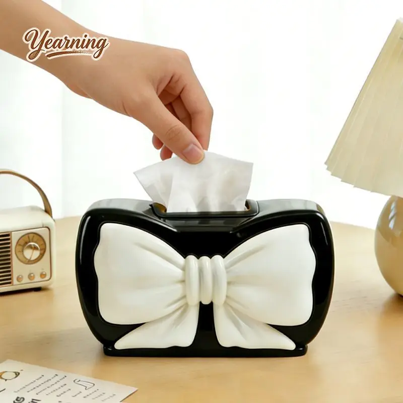 

Black White Bow Tissue Box Elegant Ceramic Tissue Holder Luxury Home Decor for Living Room Desktop