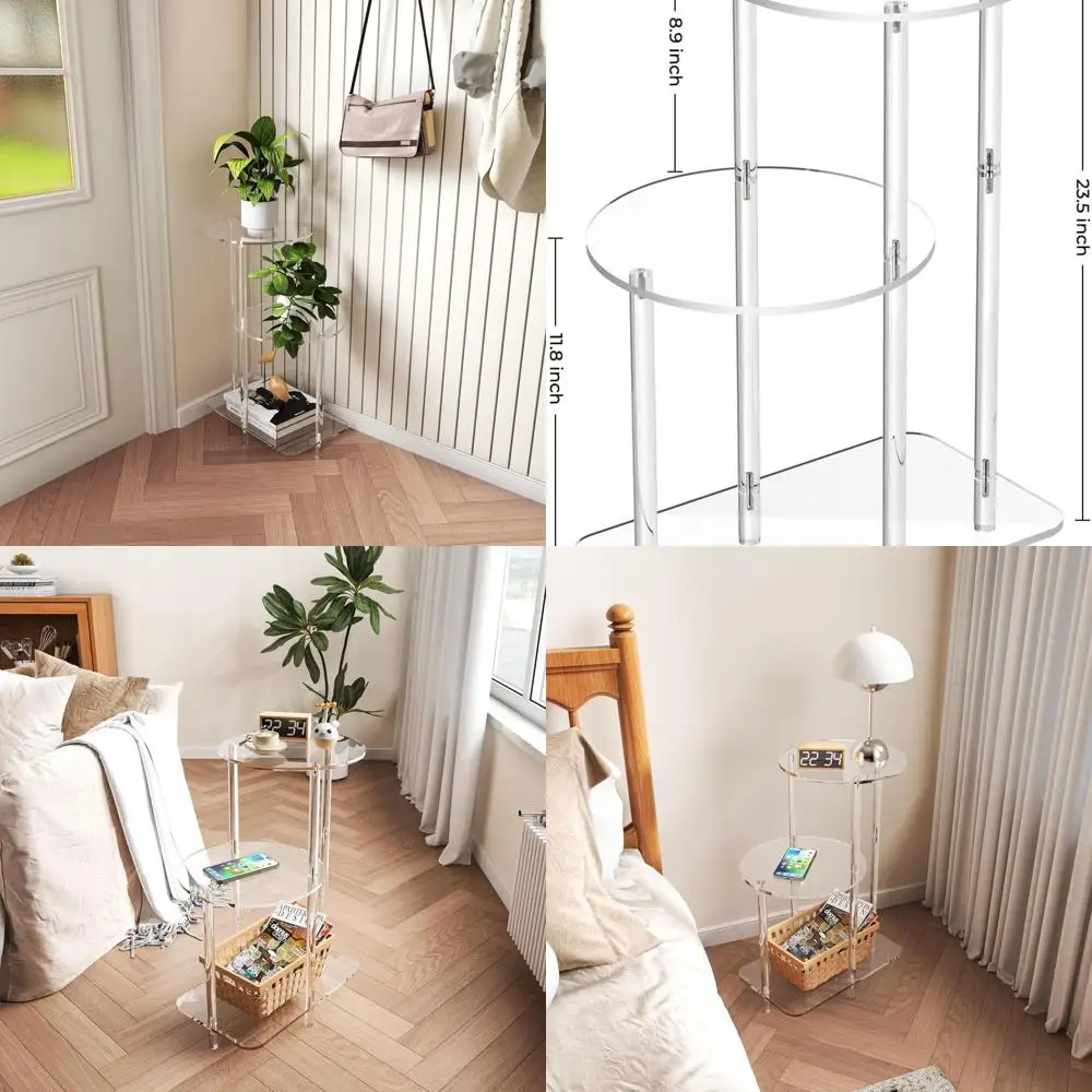 

Clear Acrylic 3-Tier Round Side Table - Small Nightstand for Entryway, Bedroom, Living Room, 16.7 x 11.8 x 23.5