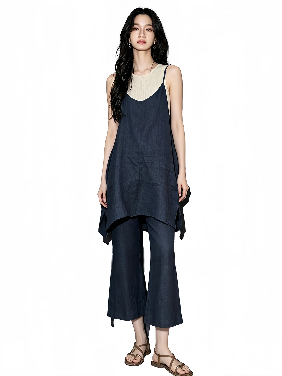 Linen Two-Piece Set Women's Summer Unique Beautiful Strap Vest Nine-Piece Pants Casual Style Breathable round Neck Button up