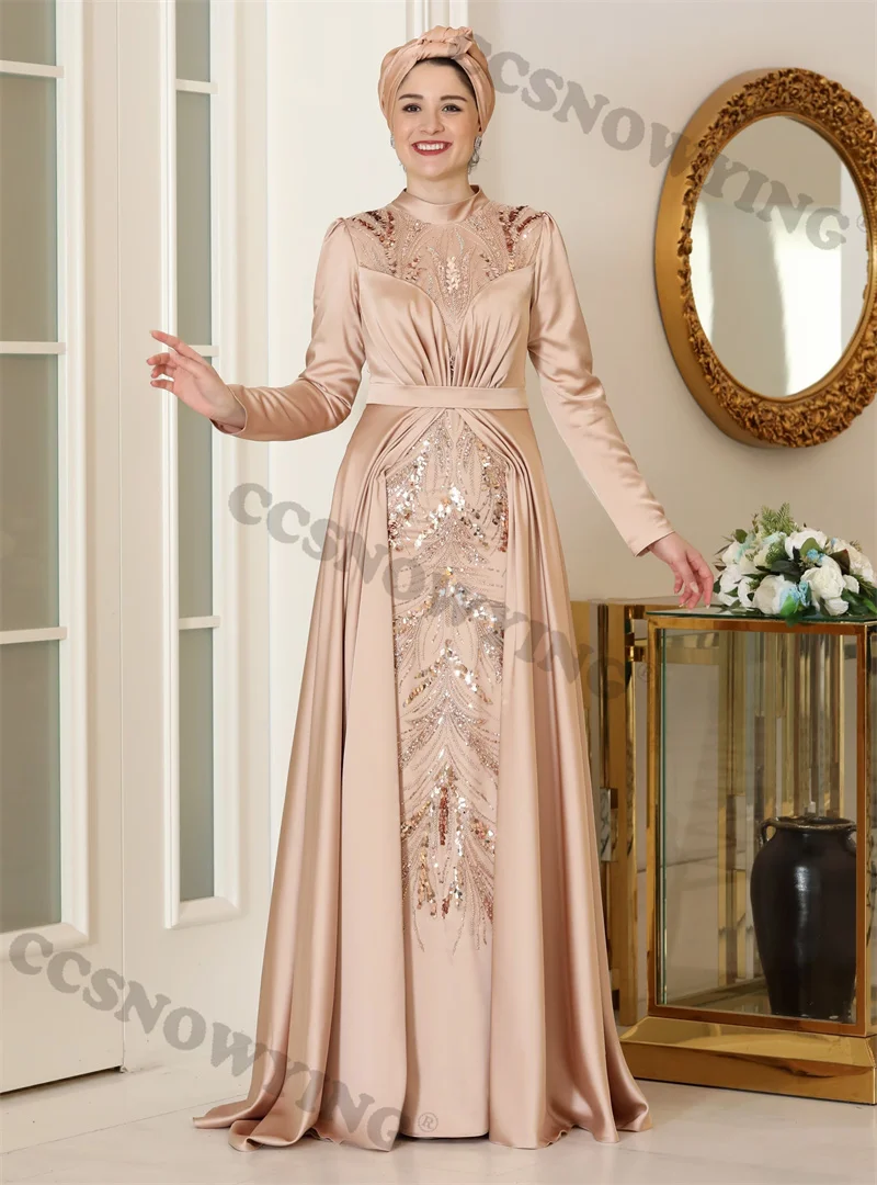 

Fashion Appliques Long Sleeve Satin Prom Dress High Neck Muslim Evening Dresses Formal Occasion Dresses Arabic Dubai Kaftan