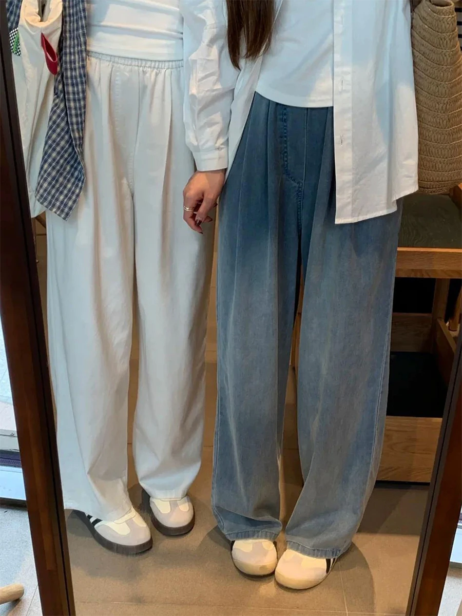 

Синие летние тонкие свободные брюки из шелкового денима большого размера с высокой талией, прямым и широким кроем, женские повседневные брюки для стройности