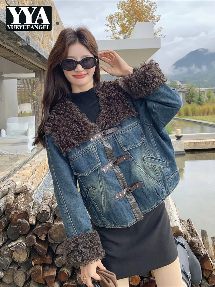 

Women Winter Padded Liner Denim Jacket Fashion Spliced Faux Fur Collar Warm Single Breasted Harajuku Loose Fit Casual Short Coat