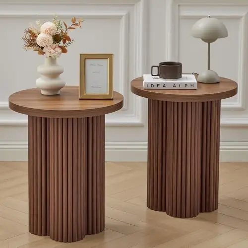 Small Sofa Side Table Set of 2, Fluted Accent Pedestal End Table, Wood Round Night Stand, Farmhouse Bed Side Table