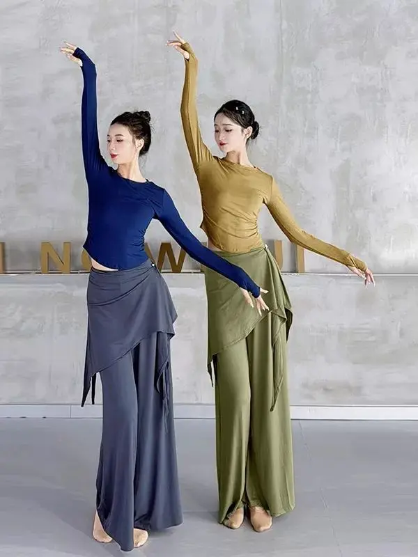 Women Modal Flowy Wide Leg Dance Pants Elegant Ruffle Hem High Waist Loose Casual Trousers Classical Dance Training Yoga Workout