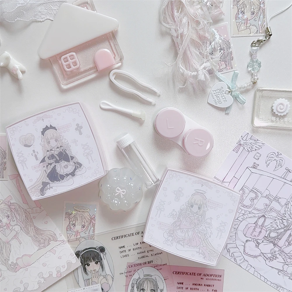 Cute Girl Angel Printed Storage Portable Contact Lens Storage Box Pink Square Home Decoration Storage Box 7.5cmx7.5cmx3.5cm